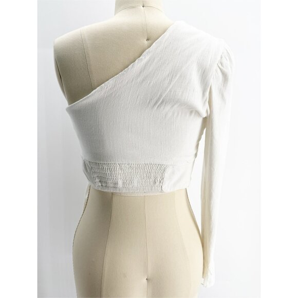 FREE PEOPLE 'Carmen' Long Puff Sleeve One Shoulder White Crop Top size Small - Picture 4 of 12